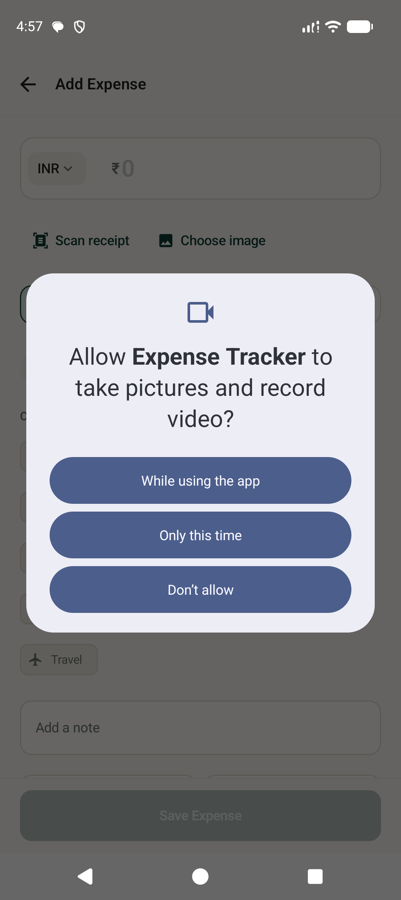 The Add Expense screen, with the Scan receipt button that reads a total off a photographed bill.
