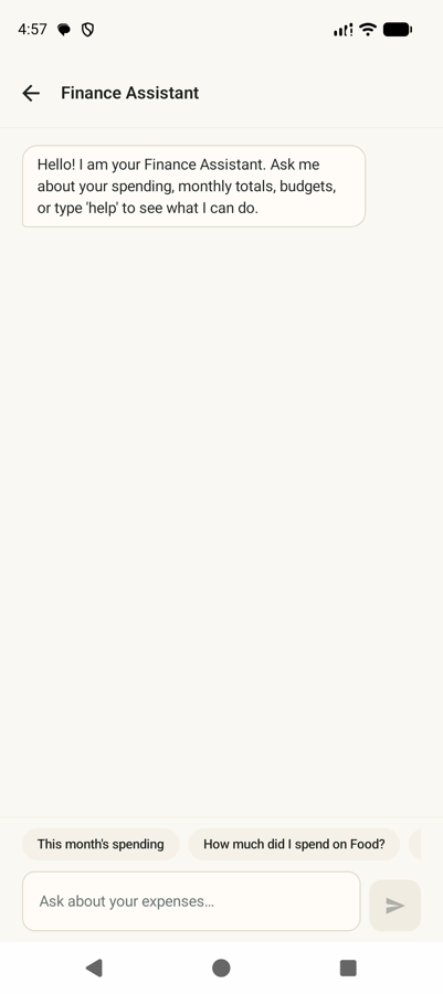 The finance assistant screen with a plain-language question and its answer.